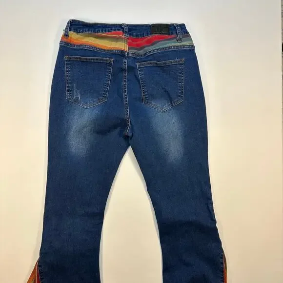 Lucky & Blessed Western Bell Bottom Flare Leg Jeans with Serape Insets Size 10 - Picture 2 of 7